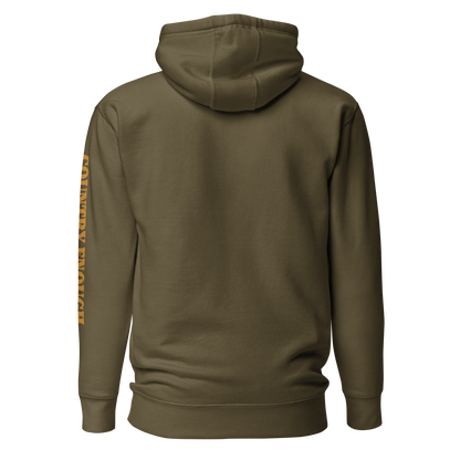 Military Green hoodie with circular graphic of a bison, starry sky, and the words country enough and hold the range #militarygreen