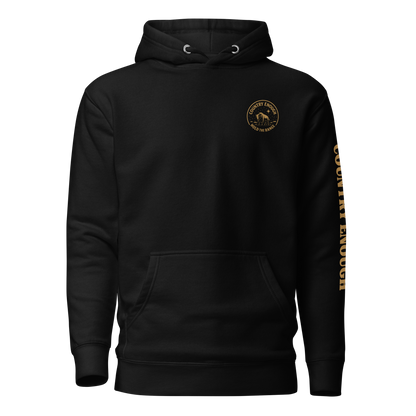 Black hoodie with circular graphic of a bison, starry sky, and the words country enough and hold the range #black