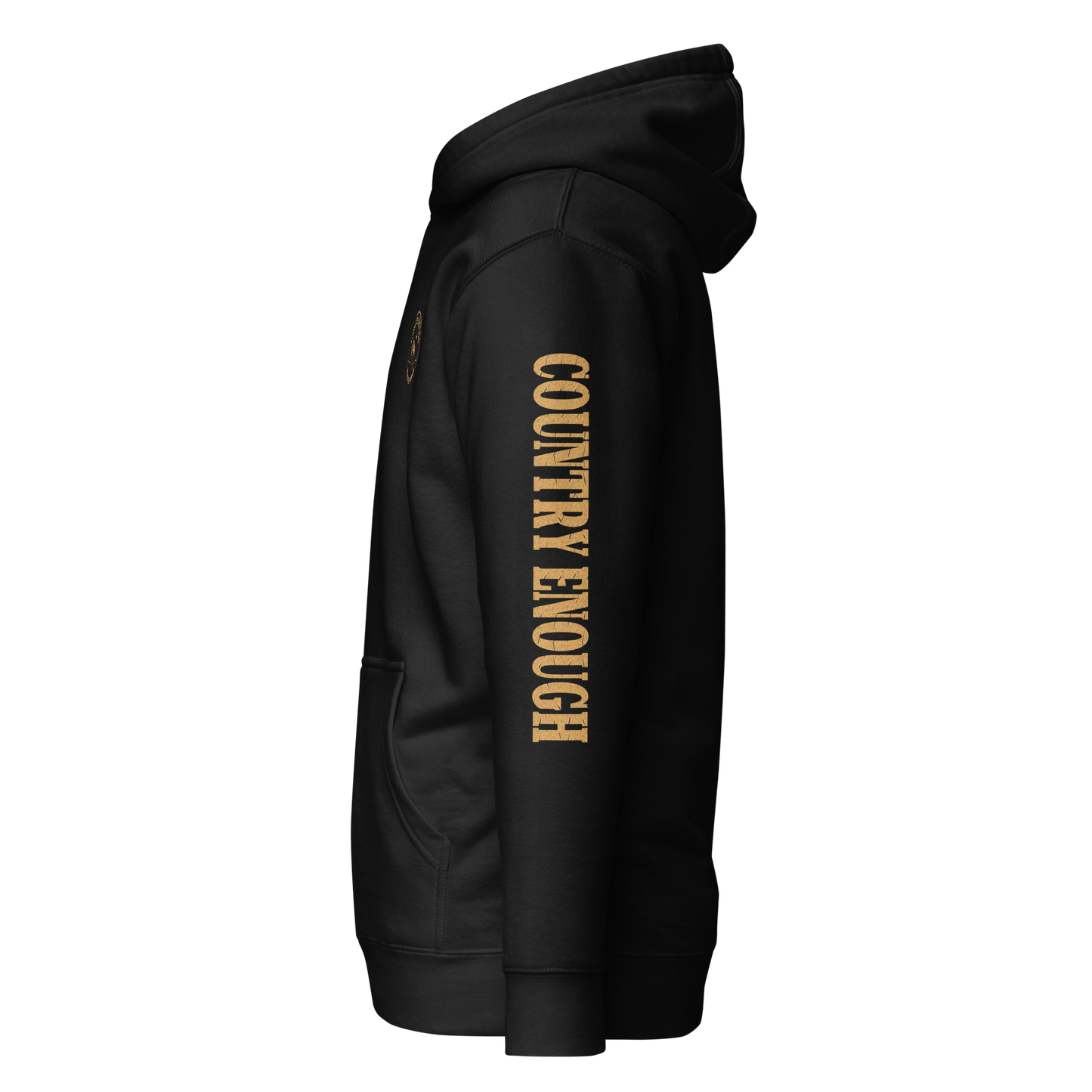 Black hoodie with circular graphic of a bison, starry sky, and the words country enough and hold the range #black