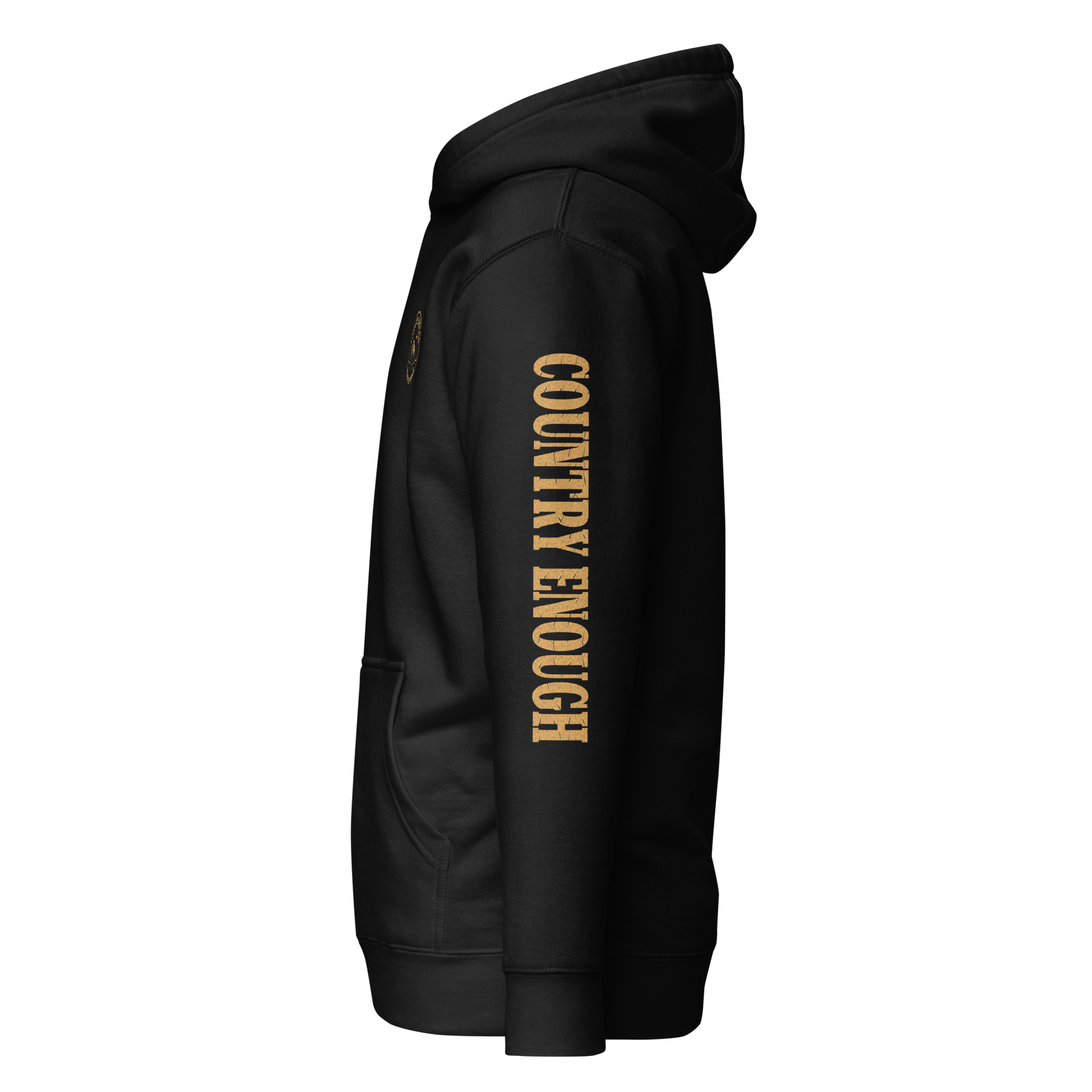 Black hoodie with circular graphic of a bison, starry sky, and the words country enough and hold the range #black
