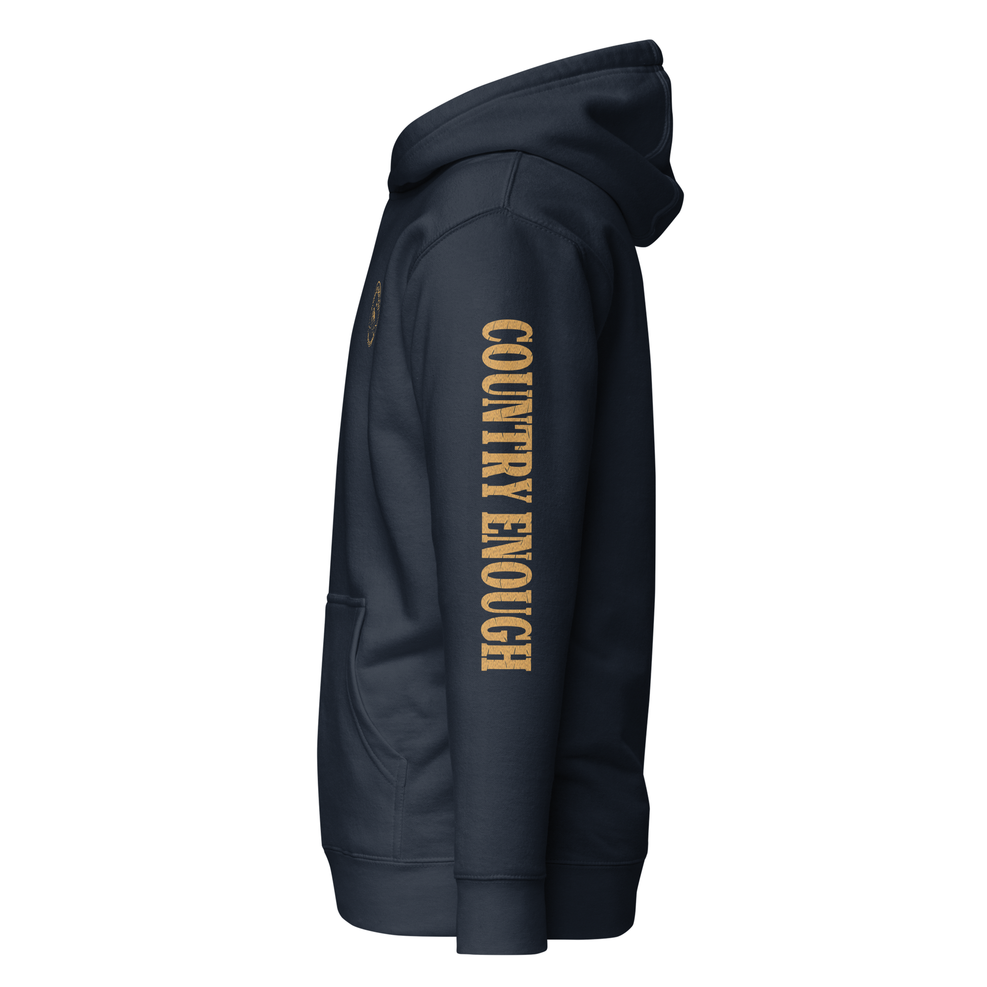 Navy Blazer hoodie with circular graphic of a bison, starry sky, and the words country enough and hold the range #navyblazer