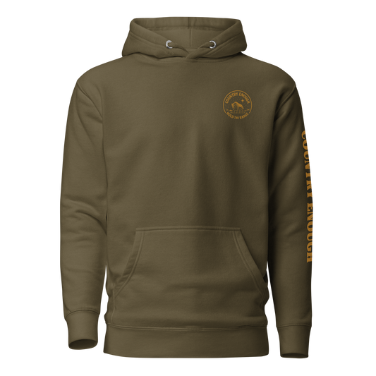 Military Green hoodie with circular graphic of a bison, starry sky, and the words country enough and hold the range #militarygreen