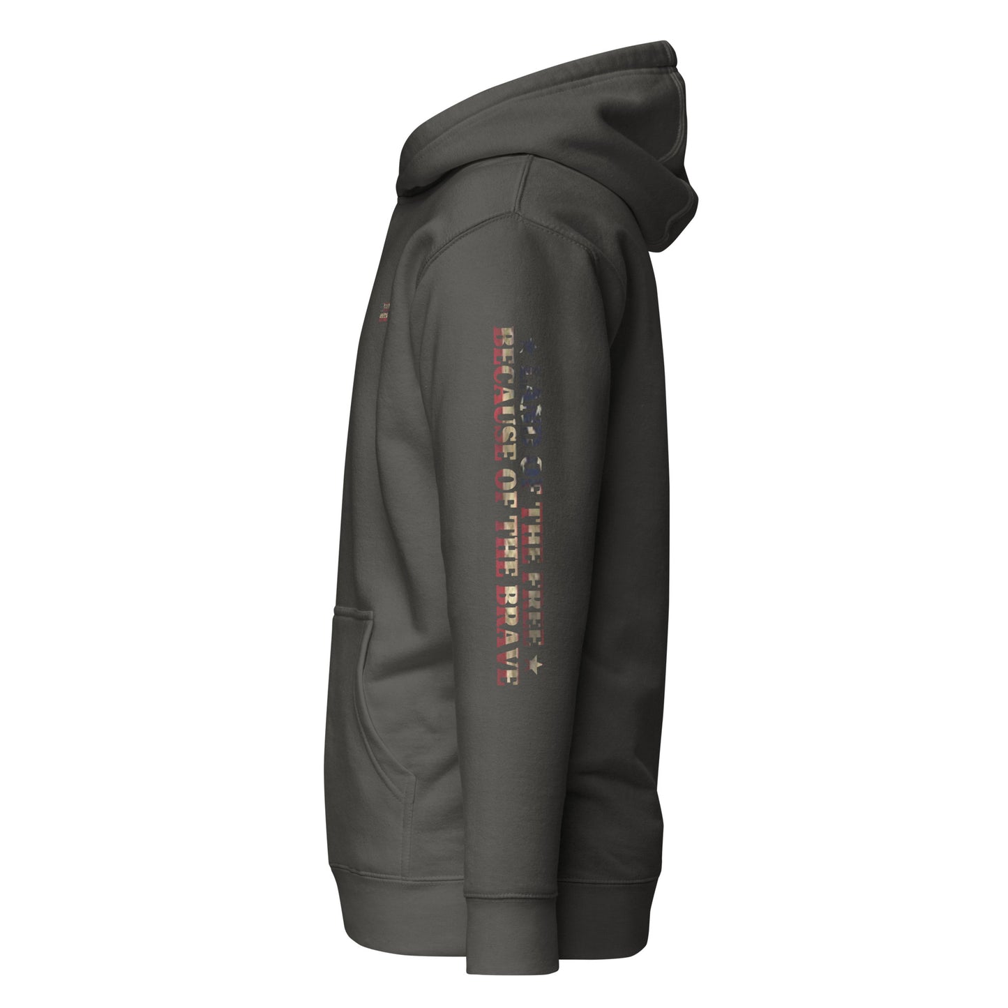 Vintage Black hoodie with words LAND OF THE FREE BECAUSE OF THE BRAVE down the sleeve #vintageblack