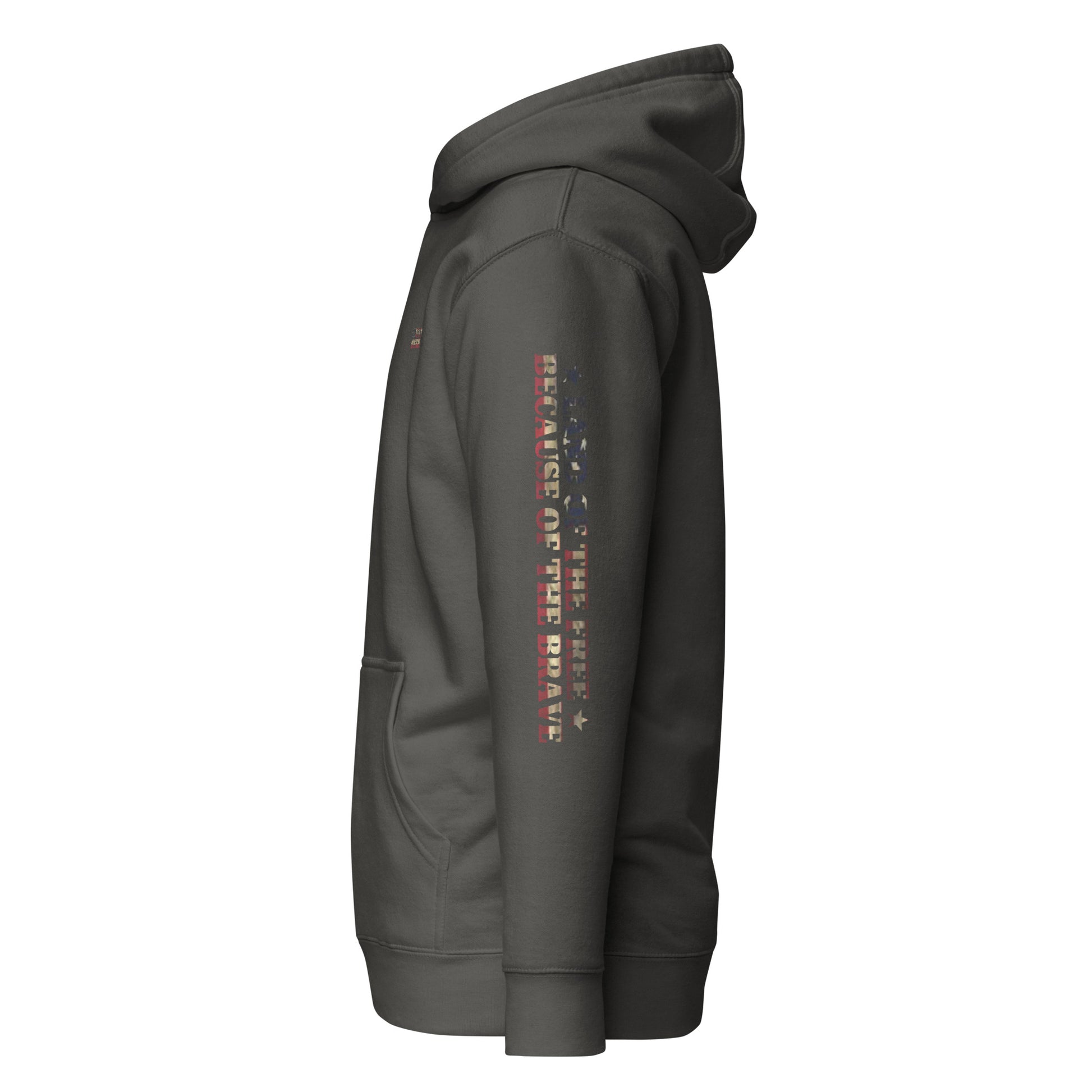Vintage Black hoodie with words LAND OF THE FREE BECAUSE OF THE BRAVE down the sleeve #vintageblack