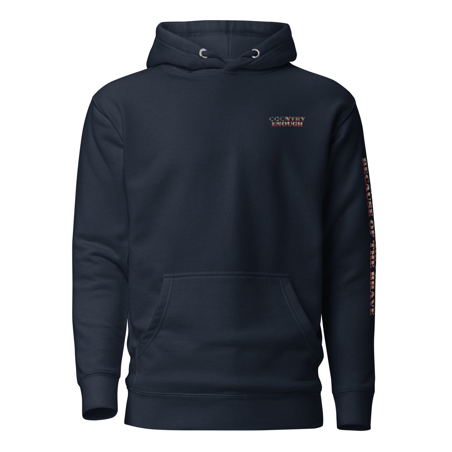 Navy blazer hoodie with words LAND OF THE FREE BECAUSE OF THE BRAVE down the sleeve #navyblazer
