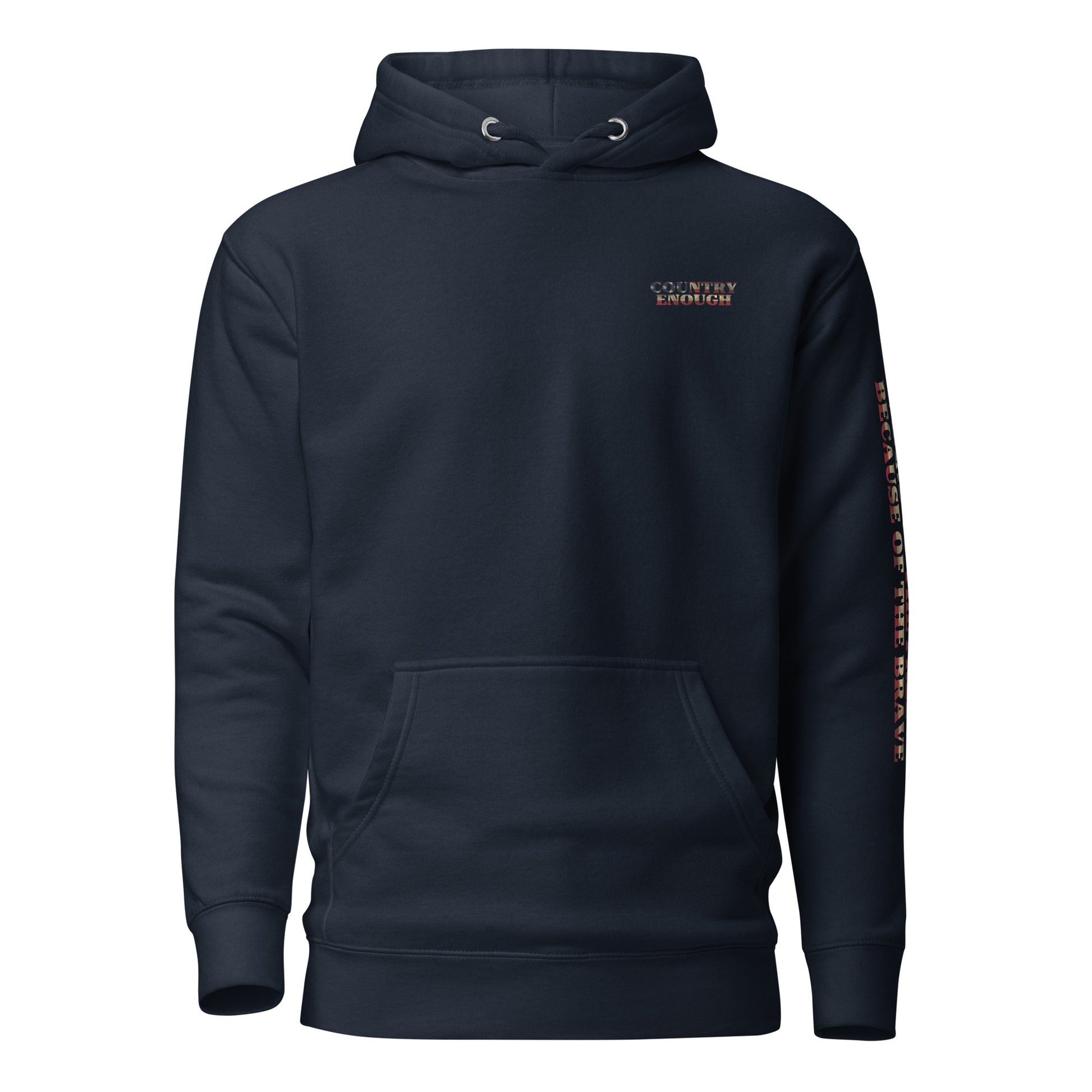 Navy blazer hoodie with words LAND OF THE FREE BECAUSE OF THE BRAVE down the sleeve #navyblazer