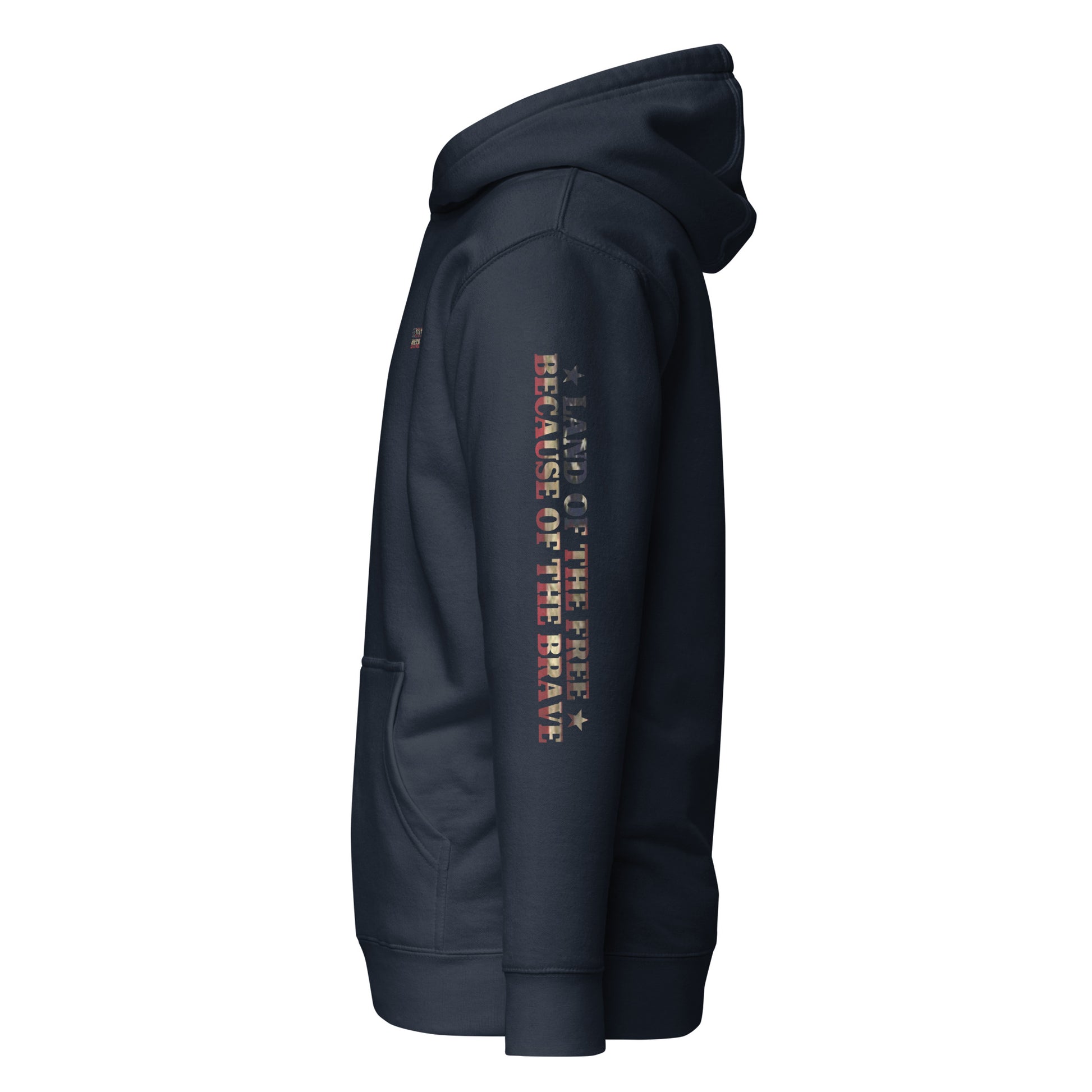 Navy blazer hoodie with words LAND OF THE FREE BECAUSE OF THE BRAVE down the sleeve #navyblazer