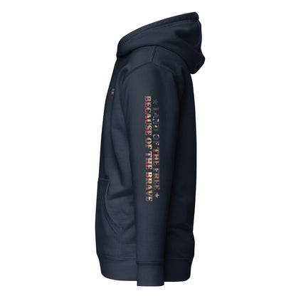Navy blazer hoodie with words LAND OF THE FREE BECAUSE OF THE BRAVE down the sleeve #navyblazer