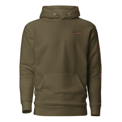 Military Green hoodie with words LAND OF THE FREE BECAUSE OF THE BRAVE down the sleeve #militarygreen