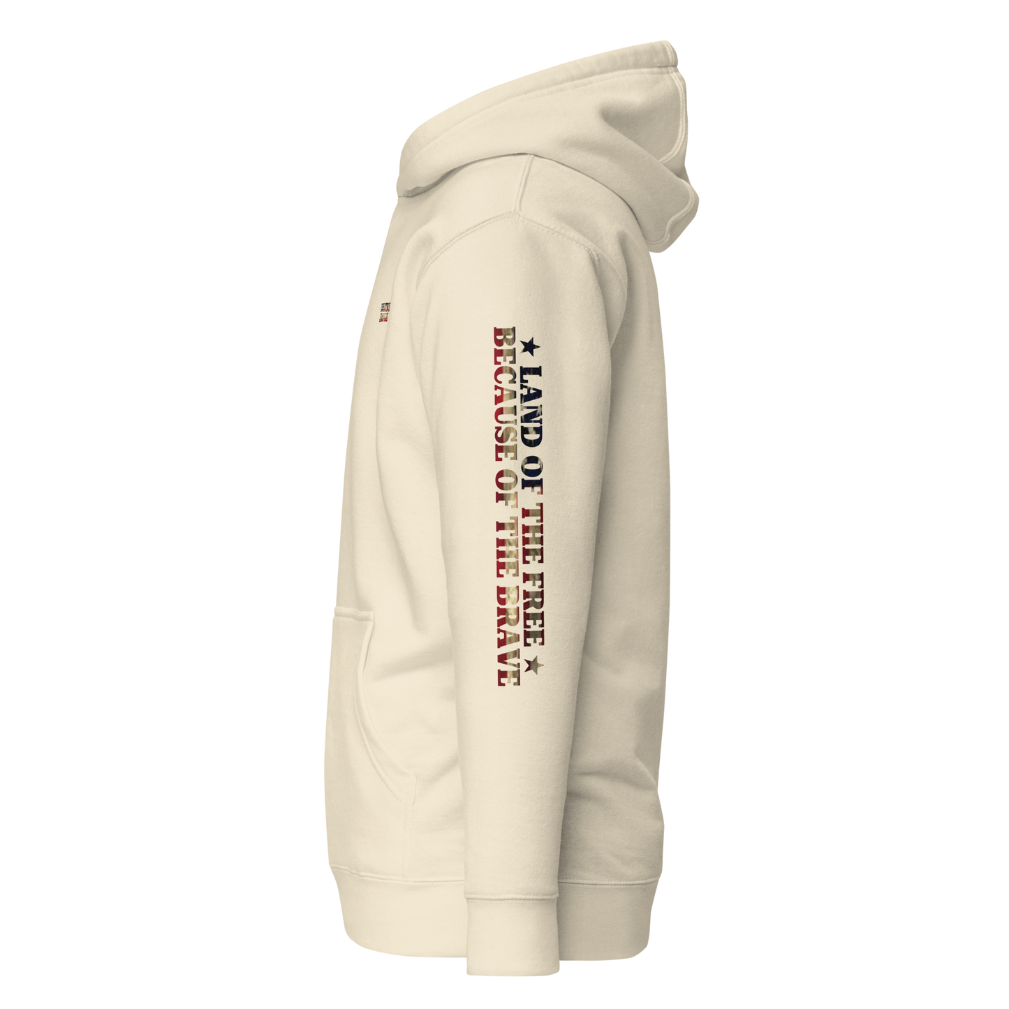Bone hoodie with words LAND OF THE FREE BECAUSE OF THE BRAVE down the sleeve #bone