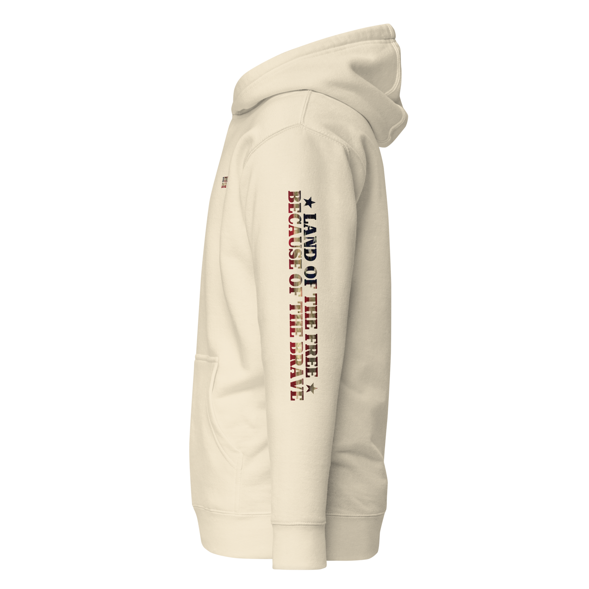 Bone hoodie with words LAND OF THE FREE BECAUSE OF THE BRAVE down the sleeve #bone
