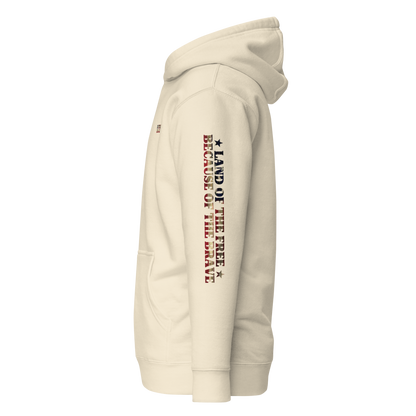 Bone hoodie with words LAND OF THE FREE BECAUSE OF THE BRAVE down the sleeve #bone