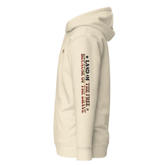 Bone hoodie with words LAND OF THE FREE BECAUSE OF THE BRAVE down the sleeve #bone