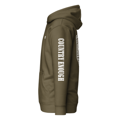 Military Green Hoodie with a geometric graphic surrounding aztec pattern and mirrored cacti. #militarygreen