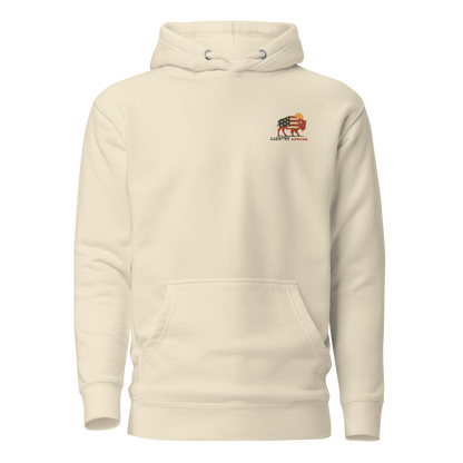 Cream hoodie with graphic of American flag filled bison and sun #cream