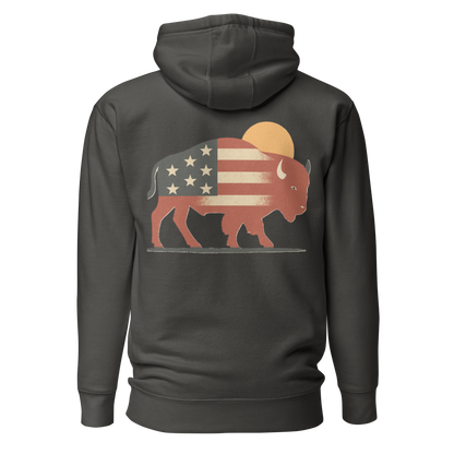 Vintage Black hoodie with graphic of American flag filled bison and sun #vintageblack