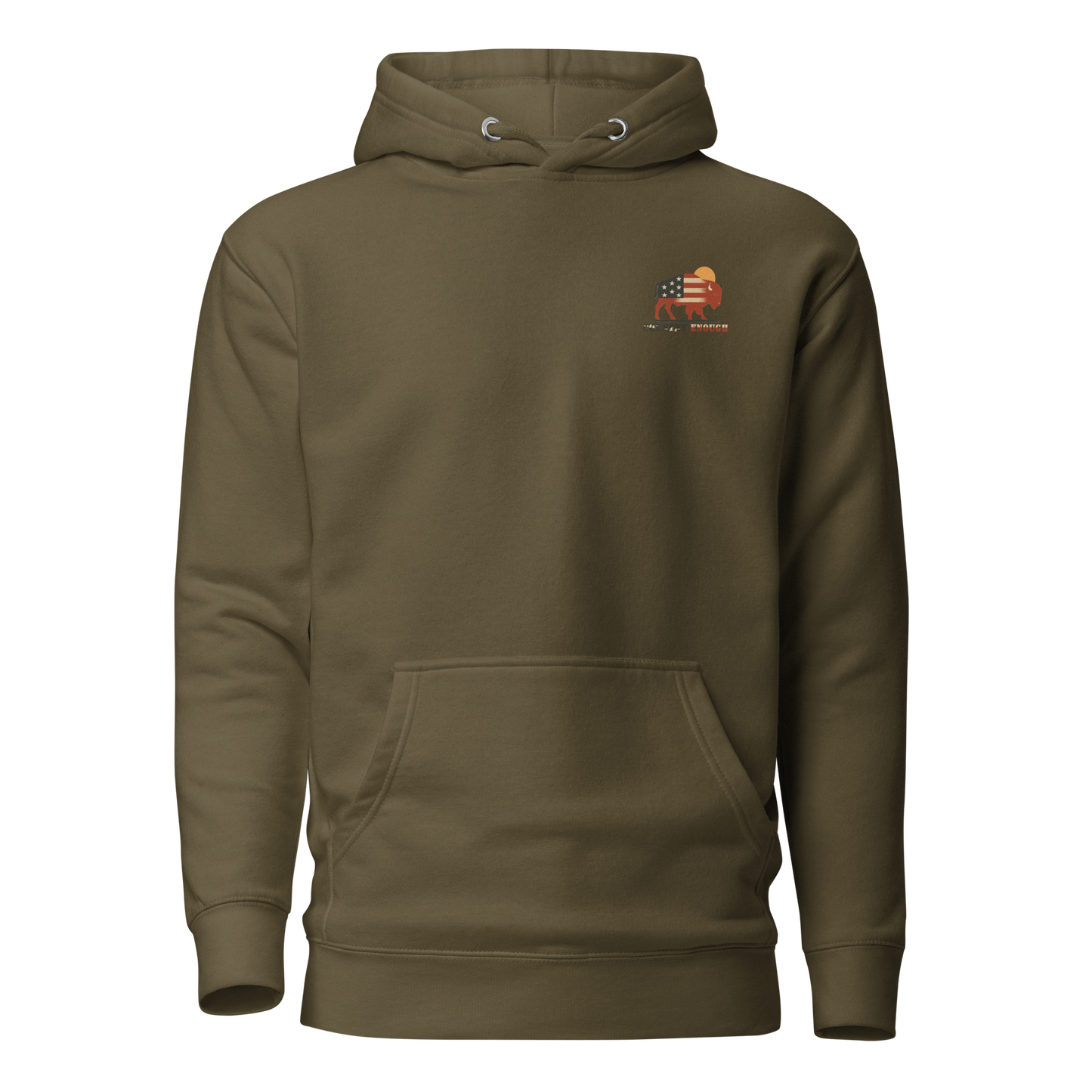 Military Green hoodie with graphic of American flag filled bison and sun #militarygreen