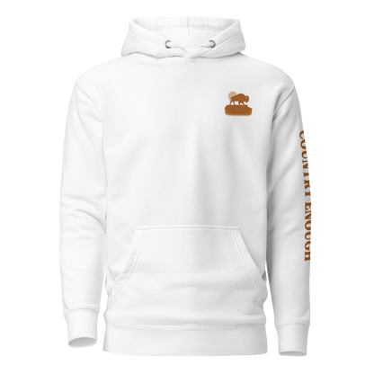 White hoodie with graphic of bison atop a plateau, the sun behind, and the words country enough #white