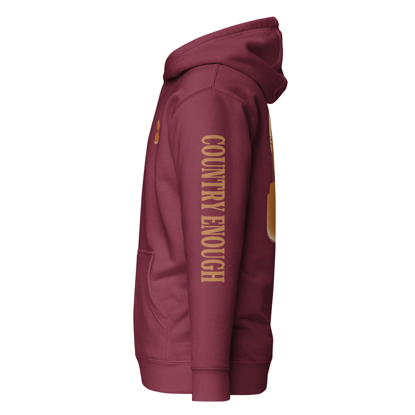 Maroon hoodie with graphic of bison atop a plateau, the sun behind, and the words country enough #maroon