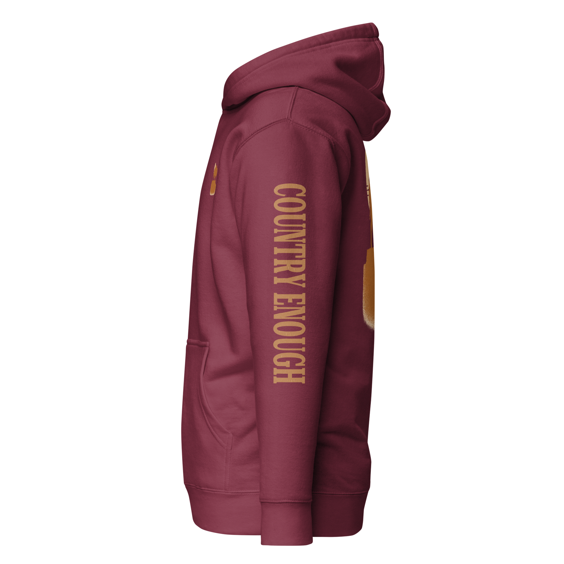Maroon hoodie with graphic of bison atop a plateau, the sun behind, and the words country enough #maroon