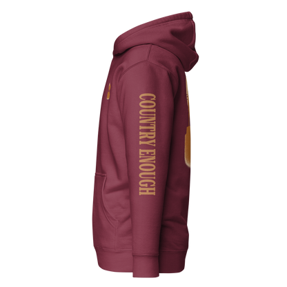 Maroon hoodie with graphic of bison atop a plateau, the sun behind, and the words country enough #maroon