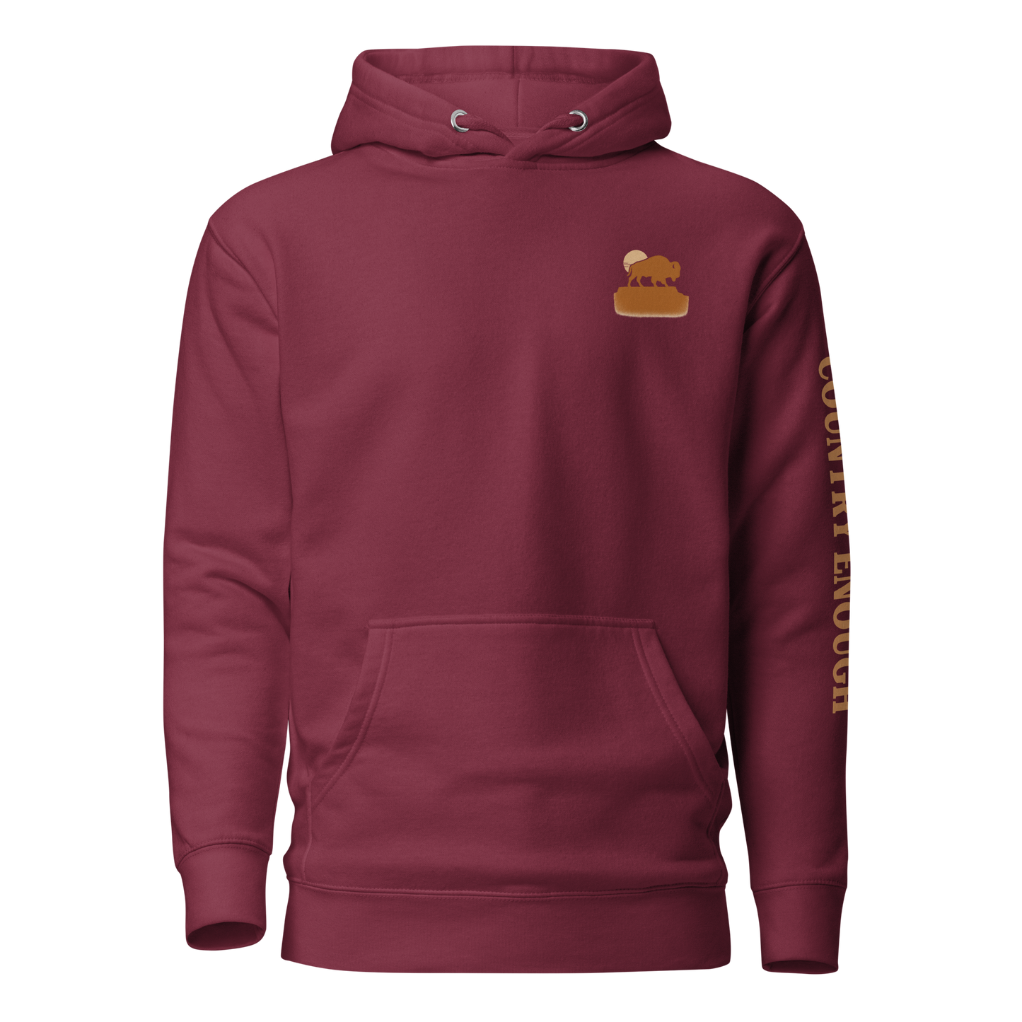Maroon hoodie with graphic of bison atop a plateau, the sun behind, and the words country enough #maroon