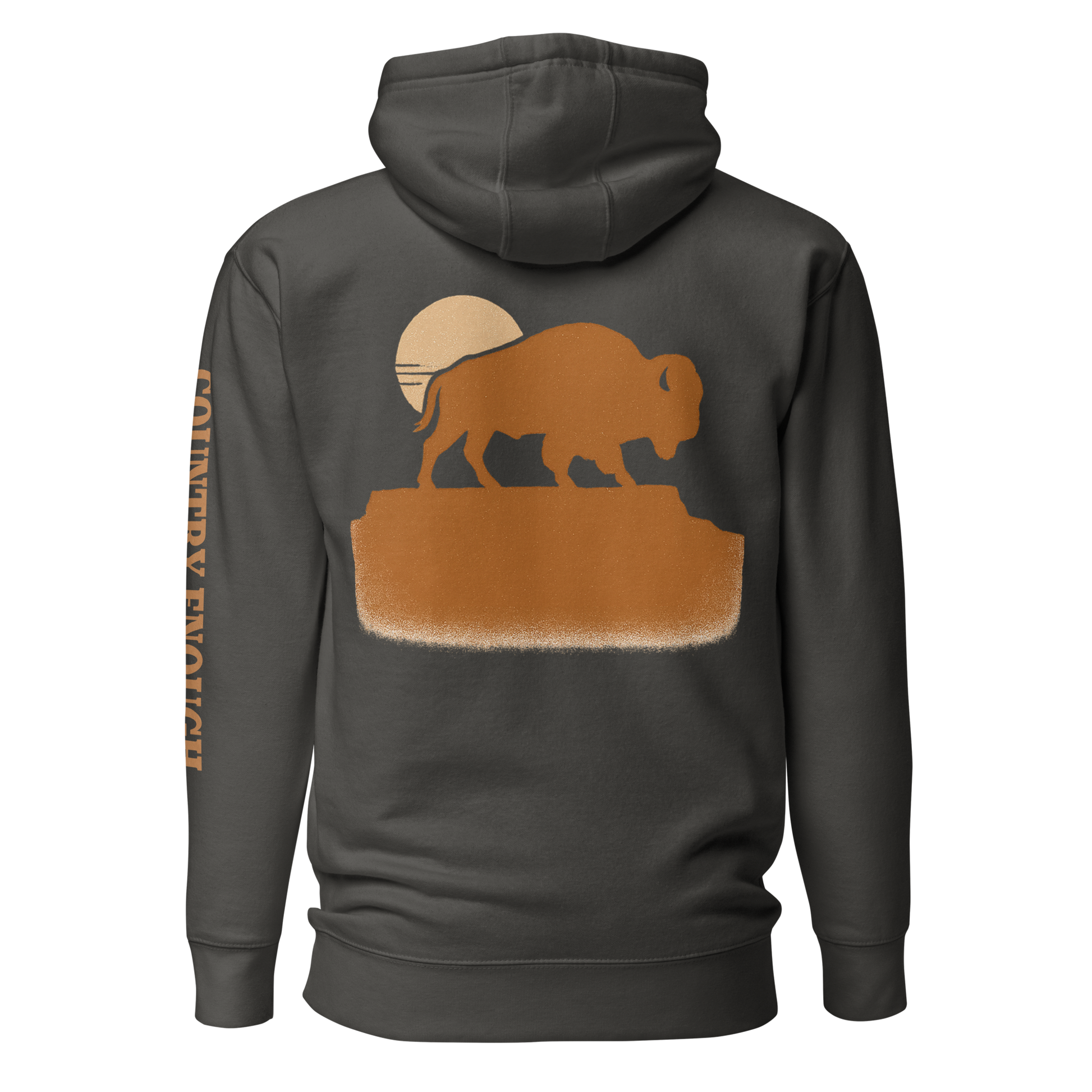 Vintage Black hoodie with graphic of bison atop a plateau, the sun behind, and the words country enough #vintageblack