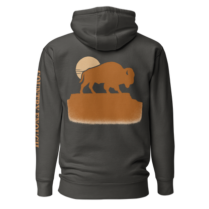 Vintage Black hoodie with graphic of bison atop a plateau, the sun behind, and the words country enough #vintageblack