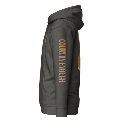 Vintage Black hoodie with graphic of bison atop a plateau, the sun behind, and the words country enough #vintageblack