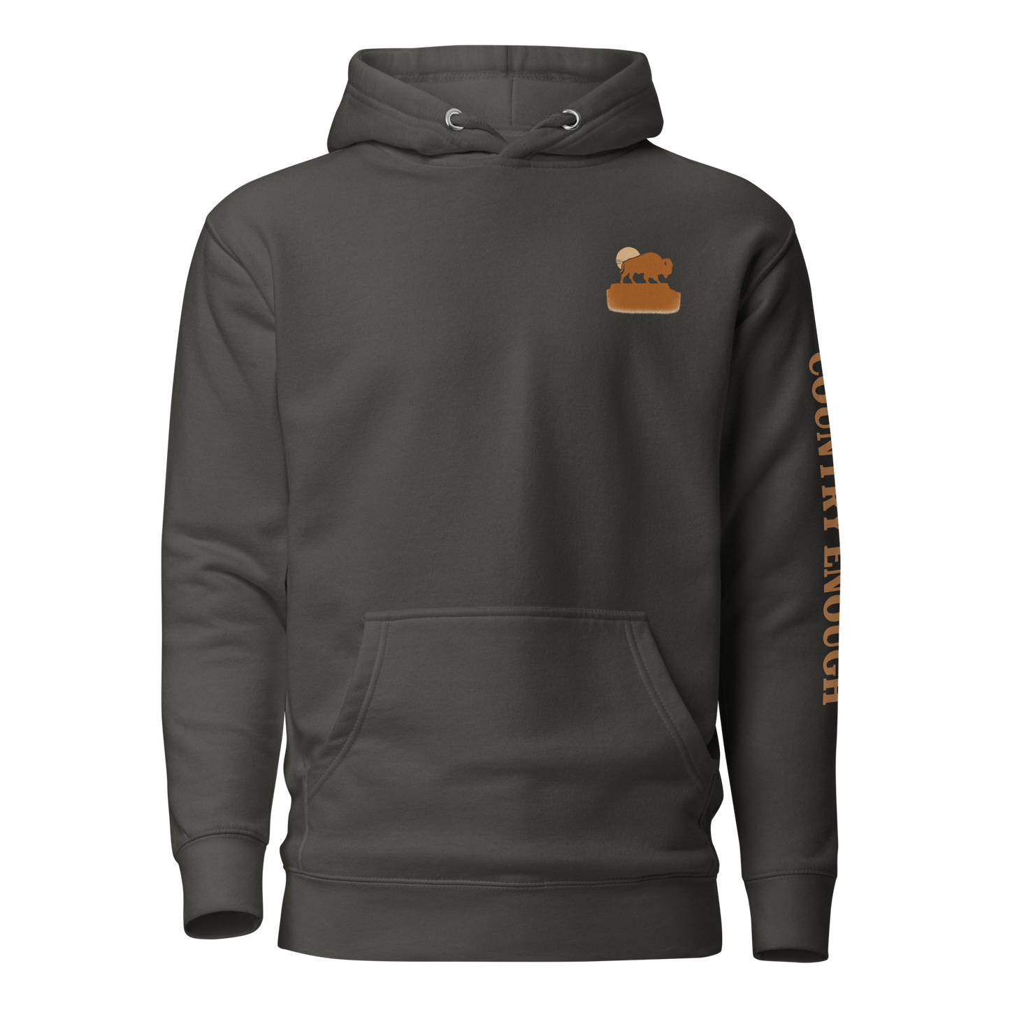 Vintage Black hoodie with graphic of bison atop a plateau, the sun behind, and the words country enough #vintageblack