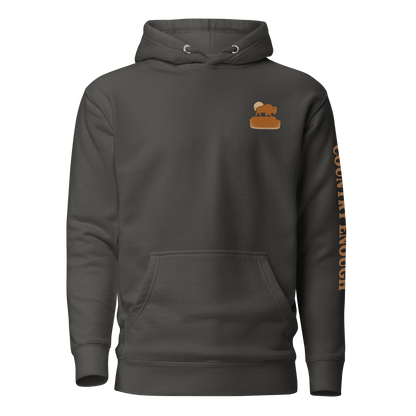 Vintage Black hoodie with graphic of bison atop a plateau, the sun behind, and the words country enough #vintageblack