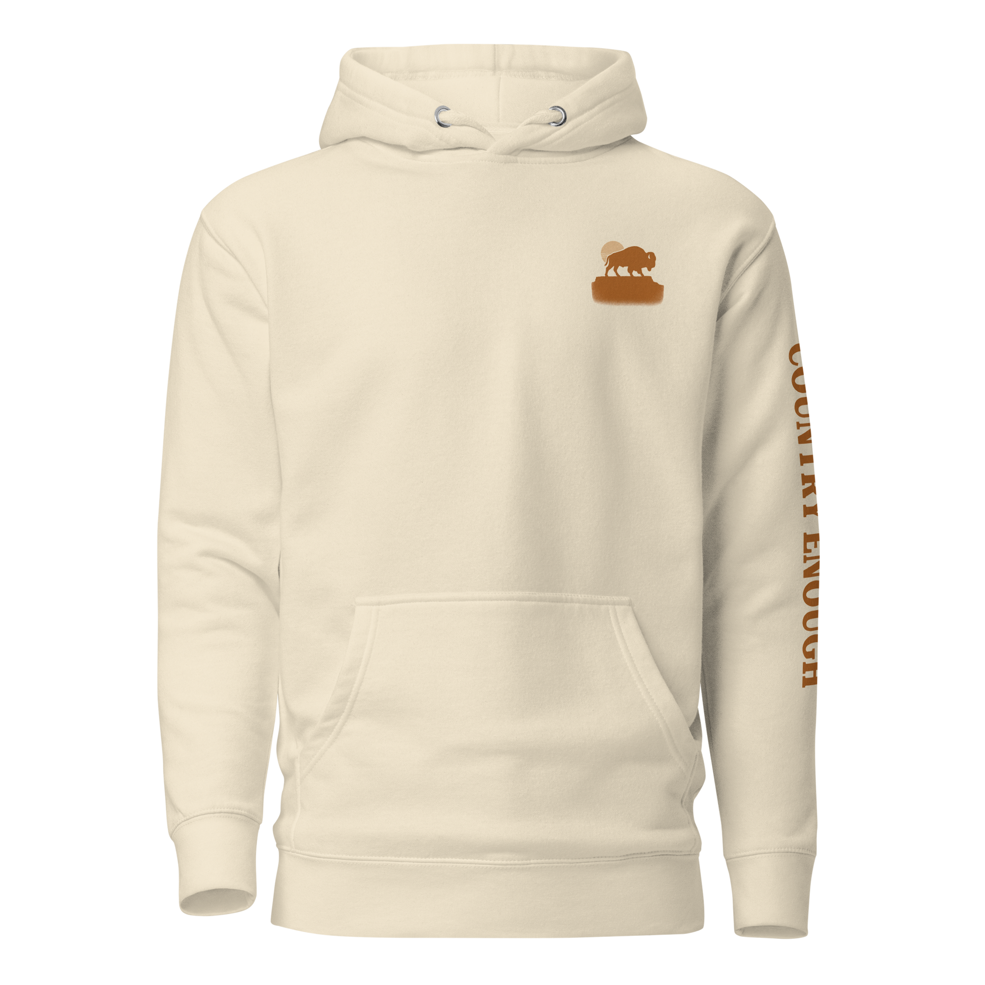 Bone hoodie with graphic of bison atop a plateau, the sun behind, and the words country enough #bone