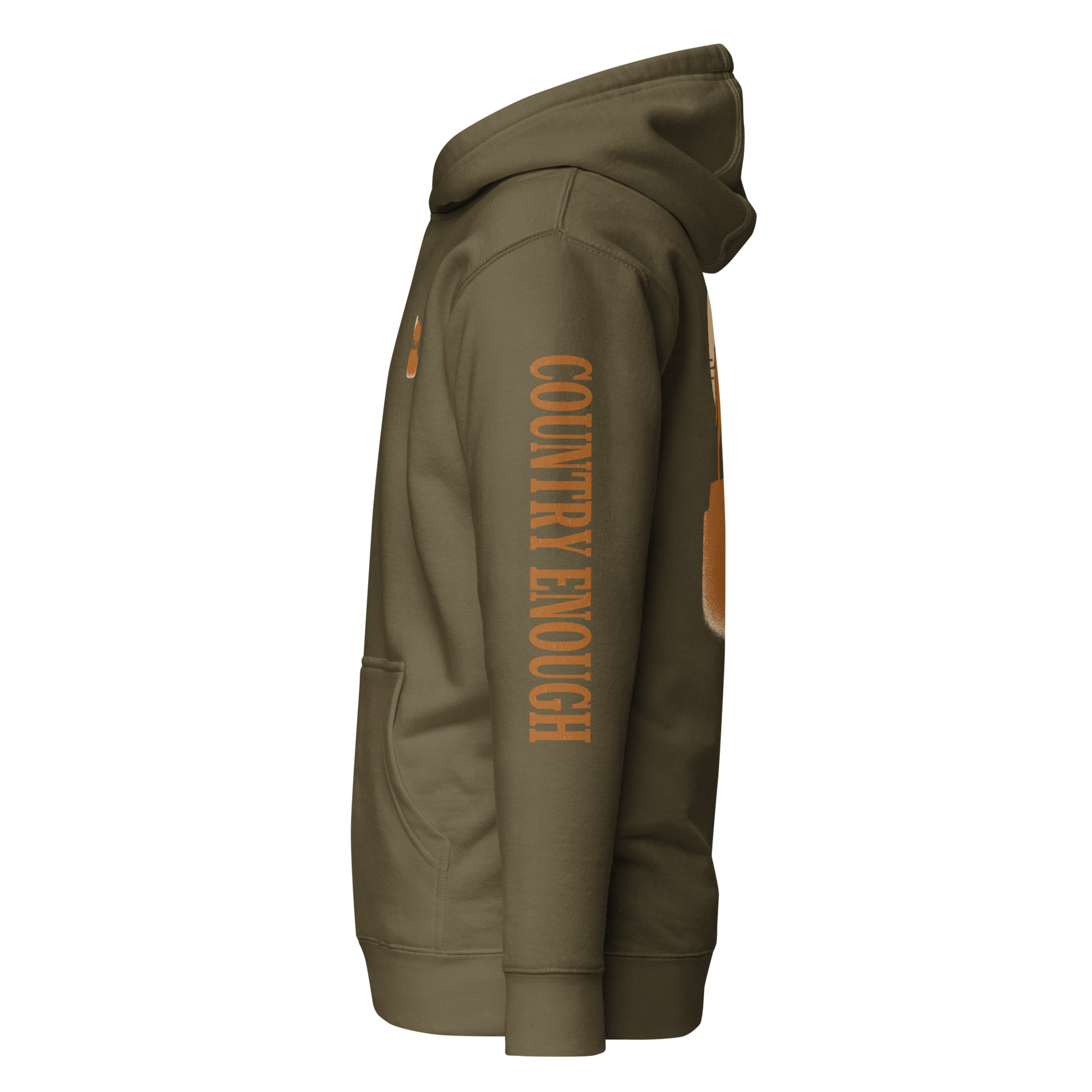 Military Green hoodie with graphic of bison atop a plateau, the sun behind, and the words country enough #militarygreen