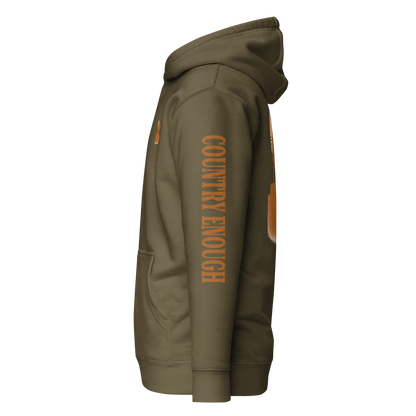 Military Green hoodie with graphic of bison atop a plateau, the sun behind, and the words country enough #militarygreen