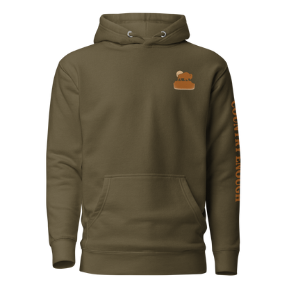 Military Green hoodie with graphic of bison atop a plateau, the sun behind, and the words country enough #militarygreen