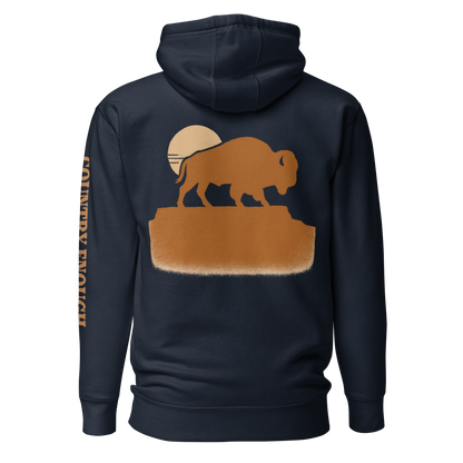 Navy Blazer hoodie with graphic of bison atop a plateau, the sun behind, and the words country enough #navyblazer