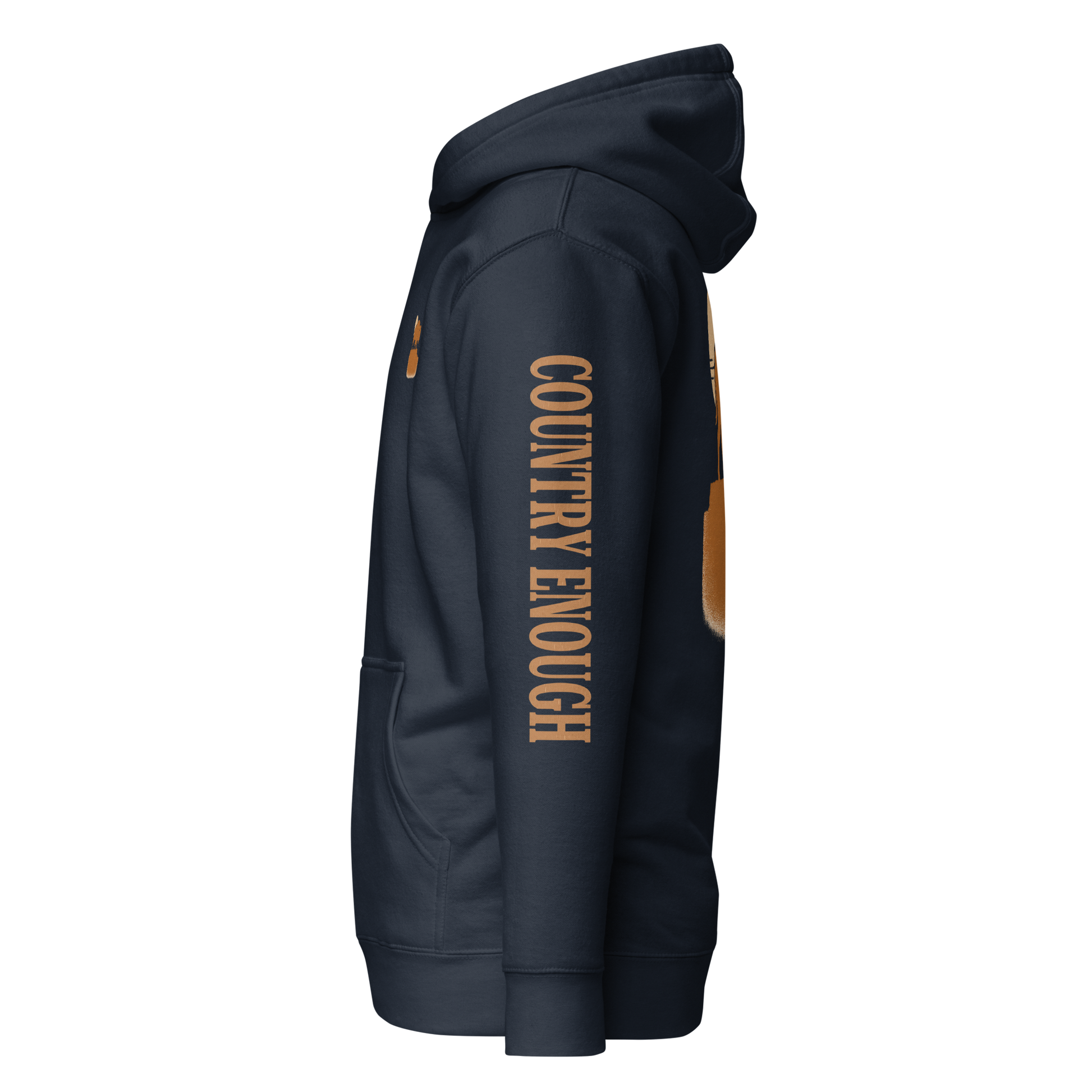 Navy Blazer hoodie with graphic of bison atop a plateau, the sun behind, and the words country enough #navyblazer