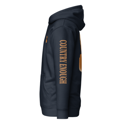 Navy Blazer hoodie with graphic of bison atop a plateau, the sun behind, and the words country enough #navyblazer