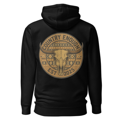 Black hoodie with western style graphic featuring longhorn skull and aztec print #black