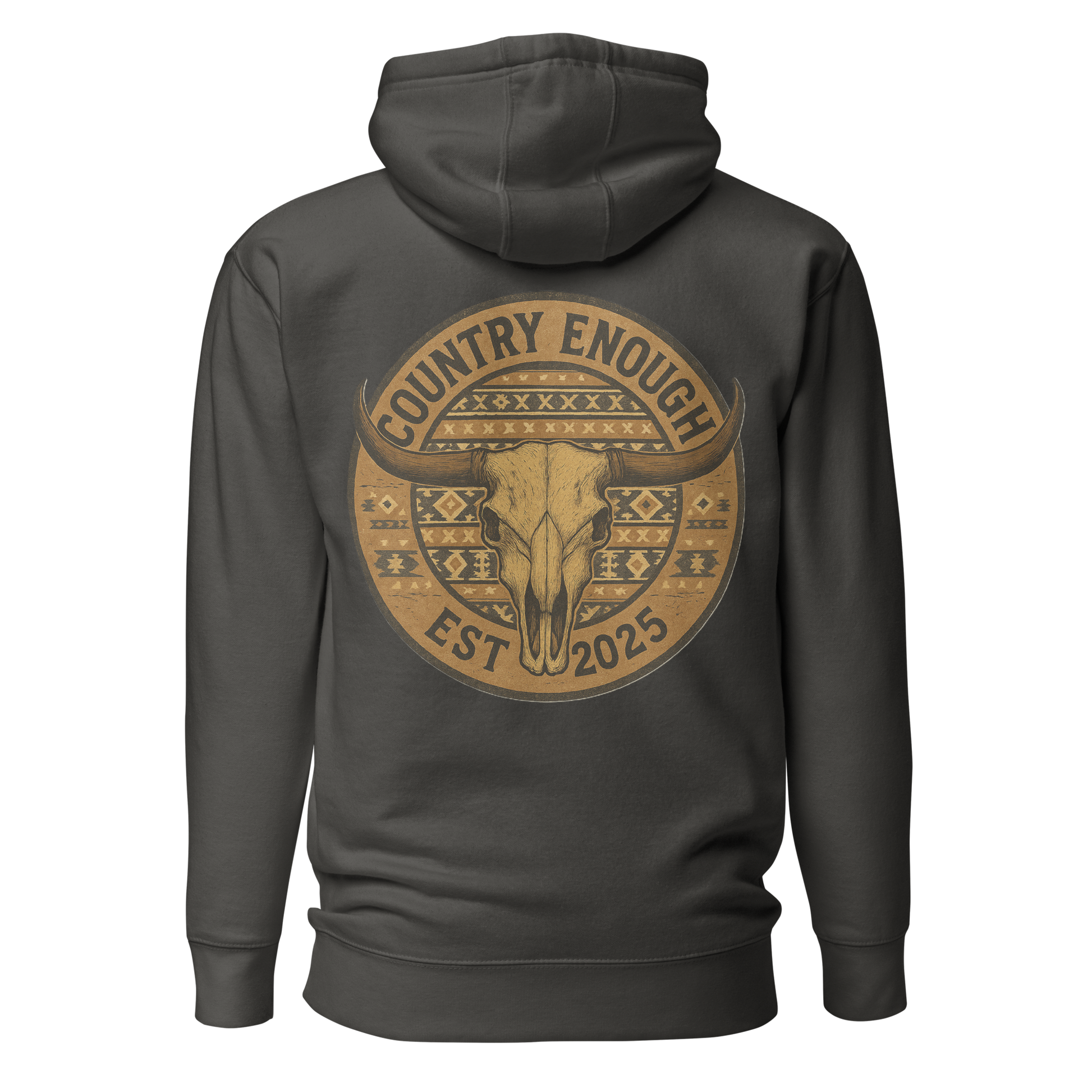 Vintage Black hoodie with western style graphic featuring longhorn skull and aztec print #vintageblack