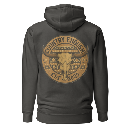 Vintage Black hoodie with western style graphic featuring longhorn skull and aztec print #vintageblack