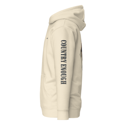 Bone hoodie with diamond shape graphic including a bucking horse and rider #bone