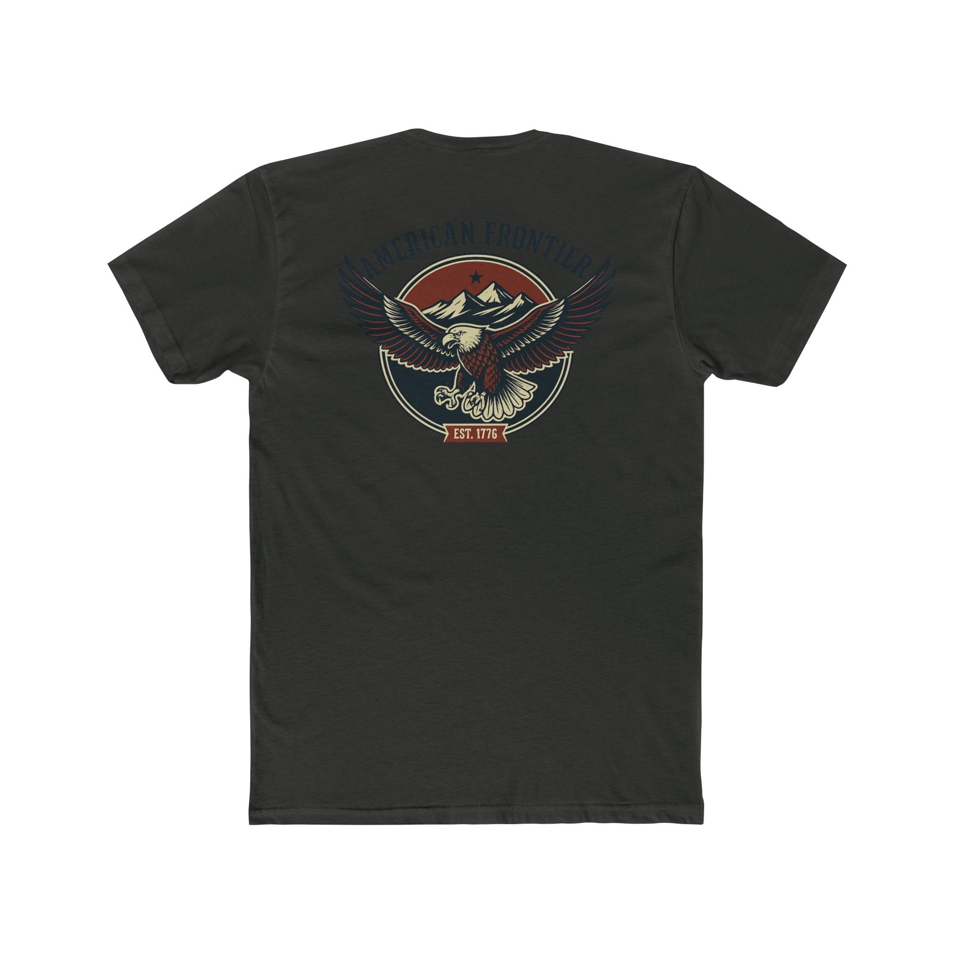 Vintage Black t-shirt featuring graphic of an eagle, mountains, and the words American Frontier Est 1776 #vintageblack