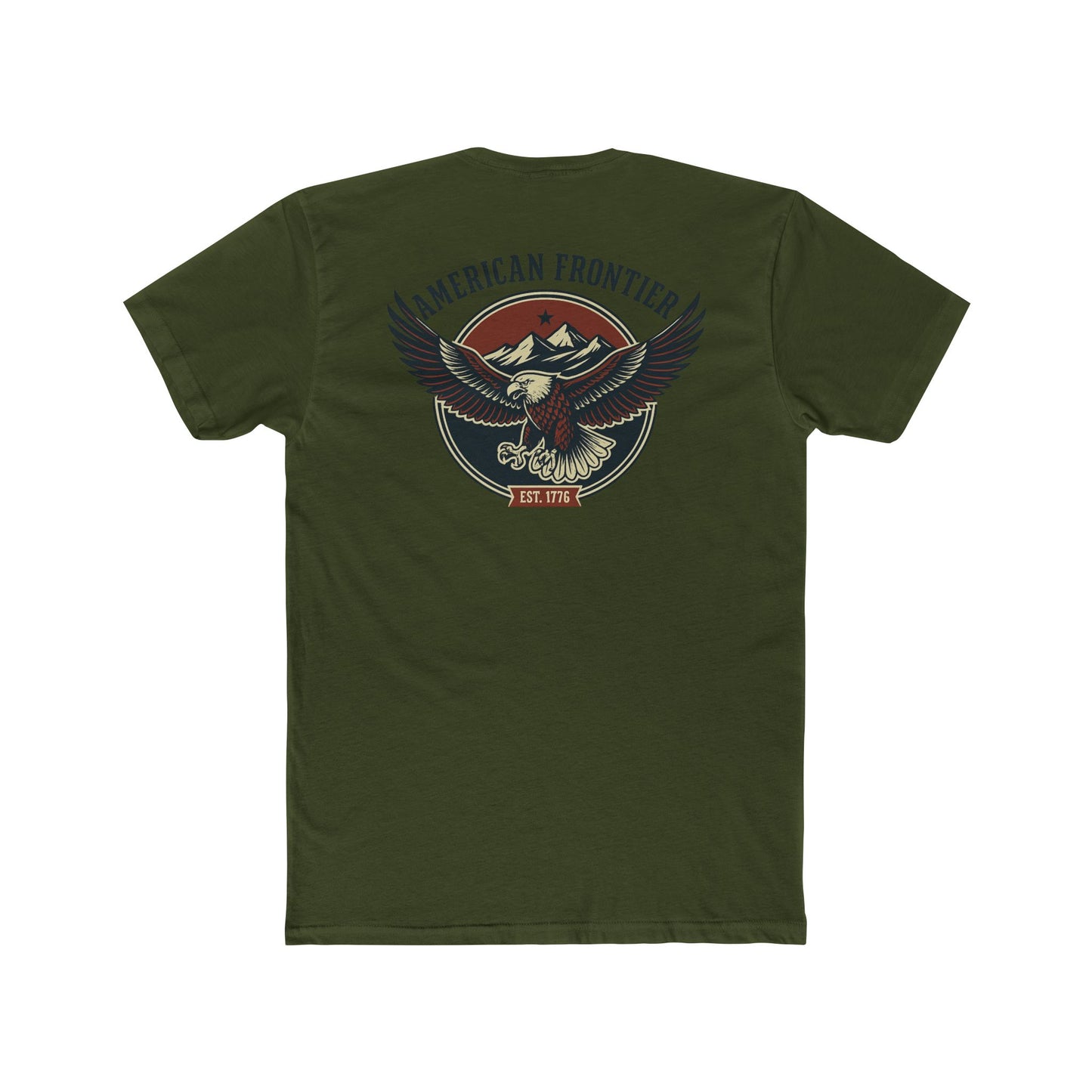 Military Green t-shirt featuring graphic of an eagle, mountains, and the words American Frontier Est 1776 #militarygreen
