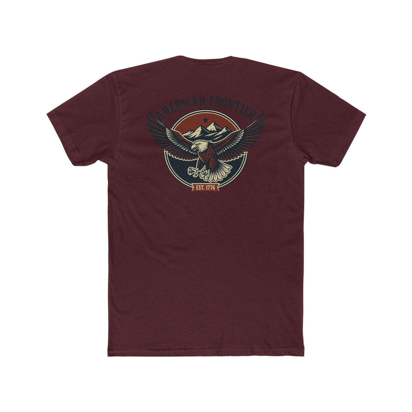 Cardinal Red t-shirt featuring graphic of an eagle, mountains, and the words American Frontier Est 1776 #cardinalred
