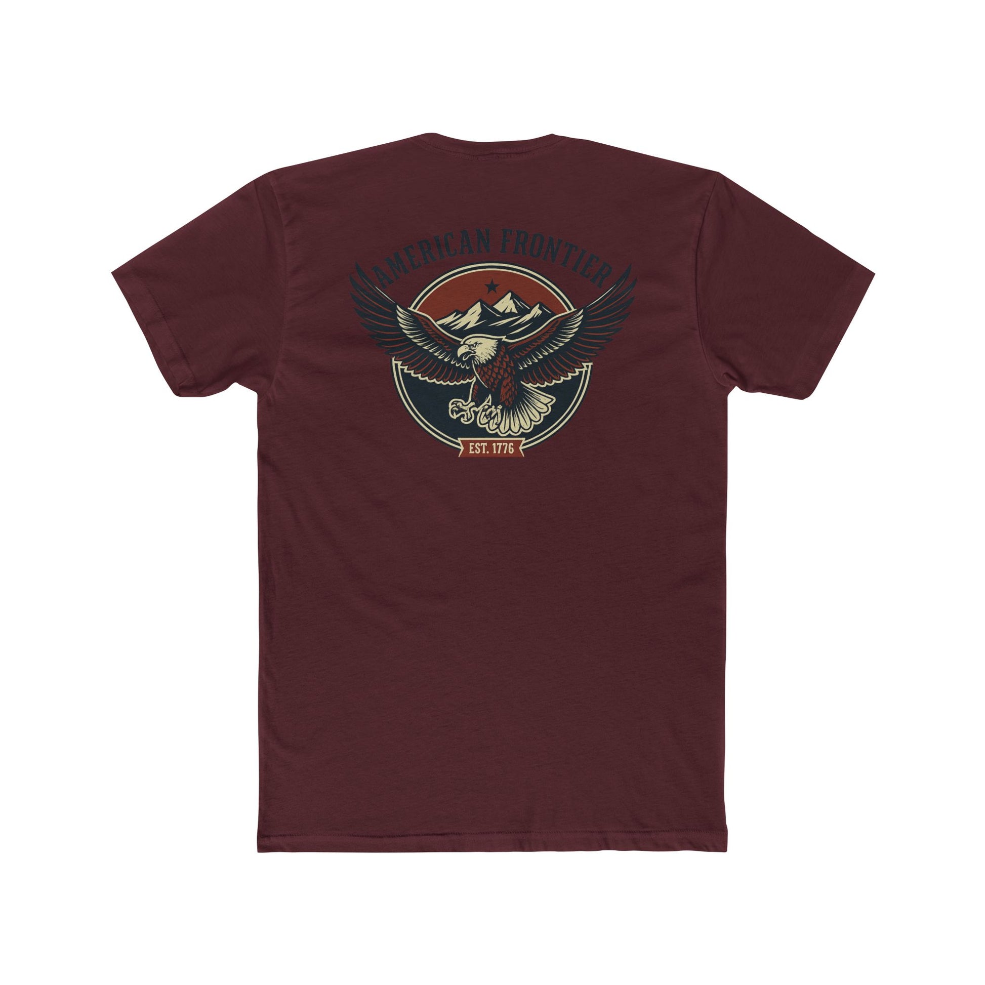 Cardinal Red t-shirt featuring graphic of an eagle, mountains, and the words American Frontier Est 1776 #cardinalred