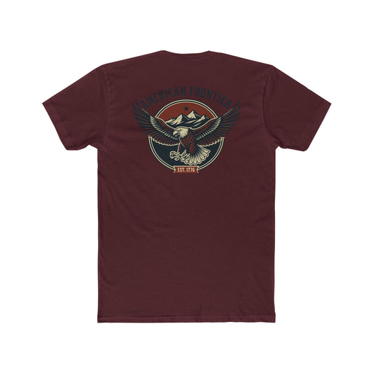 Cardinal Red t-shirt featuring graphic of an eagle, mountains, and the words American Frontier Est 1776 #cardinalred