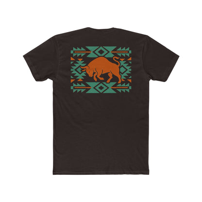 Dark Brown t-shirt with graphic of charging bull surround by aztec pattern #darkbrown