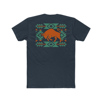 Indigo t-shirt with graphic of charging bull surround by aztec pattern #indigo