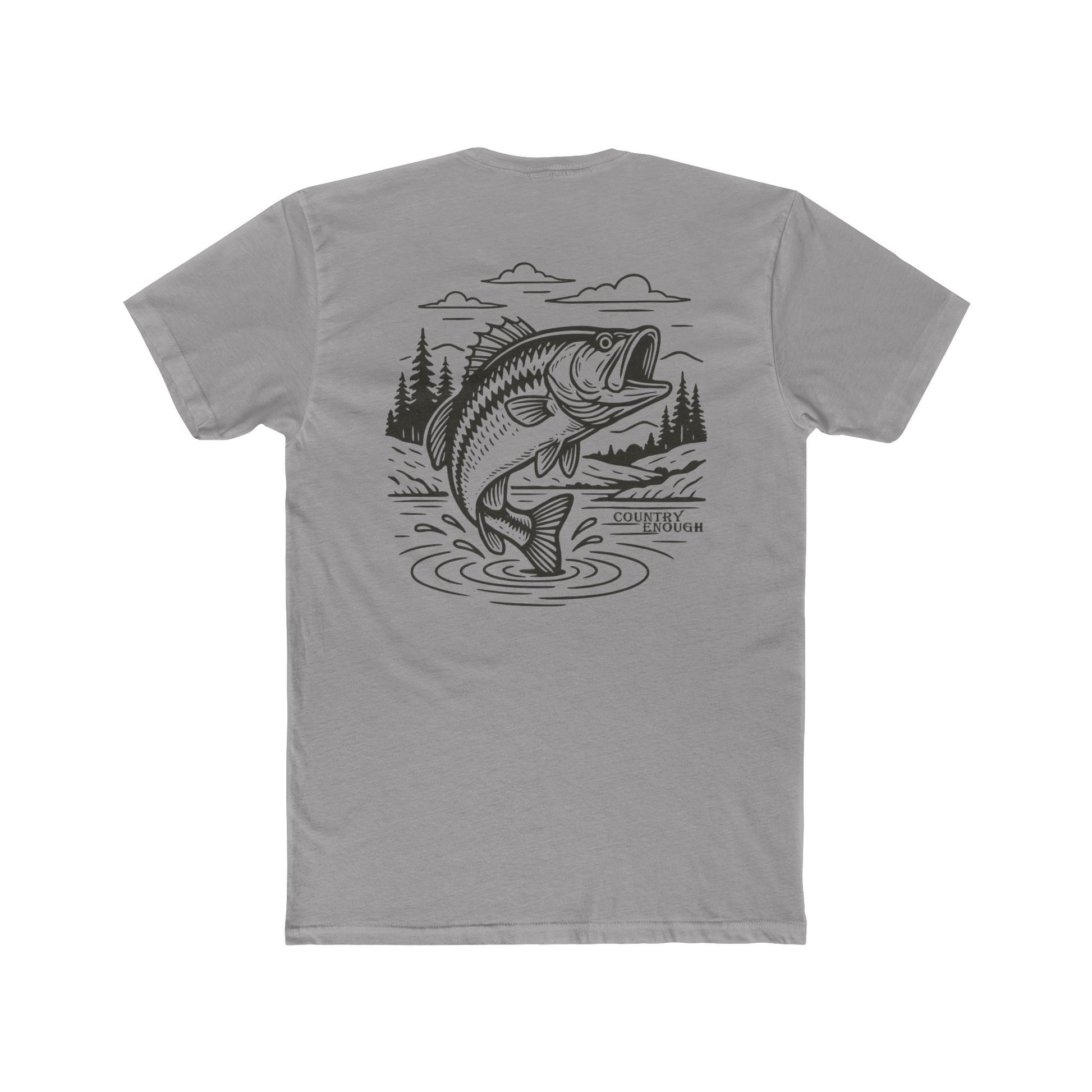 Gray t-shirt with graphic of a bass jumping out of mountainside water #gray